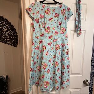 Blue Floral Retro Vintage Pinup Style Swing Dress, Women’s Plus Size 2X